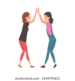 Girls Giving High Five to Each Other, Meeting of Two People, Greeting of Freinds or Partners Vector Illustration