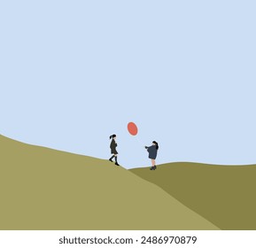 Girls giving pink air balloon to her friend on green mountain. Smiling, laughing. Sunny day, outside. Freedom concept