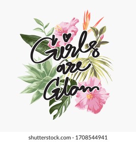 las niñas son lemas de lazo glam en hojas tropicales e ilustraciones de flores