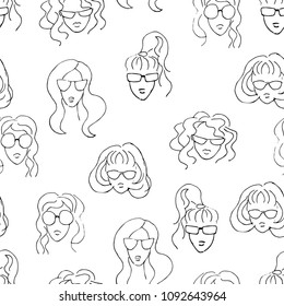 Girls in glasses. Seamless pattern of girls faces. Doodle, vector illustration.