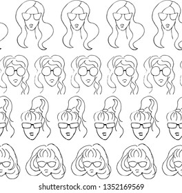 Girls in glasses,. Seamless pattern of woman's faces. Doodle, vector sketch.