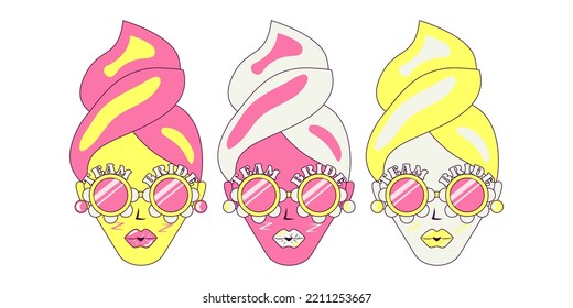 Girls in Glasses and Towels on their Heads Team Bride Bachelorette Party Temporary Sticker or Badge in Retro Groovy Style