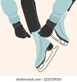 Girls in gloves puts on Pair of white Ice skates. Figure skating. Women's ice skates. Winter sports. Vector illustration