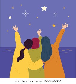 The girls go to the beach together and wave at the stars in the night sky. Friendly girls' backs. hand drawn style vector design illustrations. 