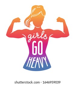 Girls go heavy. Fitness vector illustration with lettering for women. Hand written inspiring phrase in female silhouette with a colourful gradient. Motivational card, poster or print design on fitness