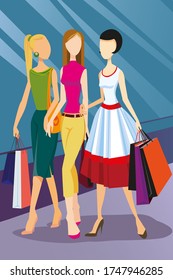 Girls go from the store with purchases. Shopping in the city