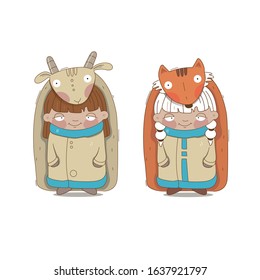 girls in goat and fox costumes for carols. sticker, postcard, character, for decoration, for print