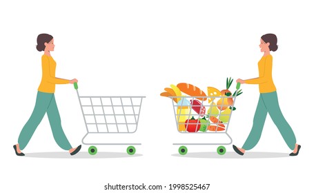 Girls goes shopping. Isolated vector illustration of two girls in yellow jumpers pushing trolley. Grocery store concept.