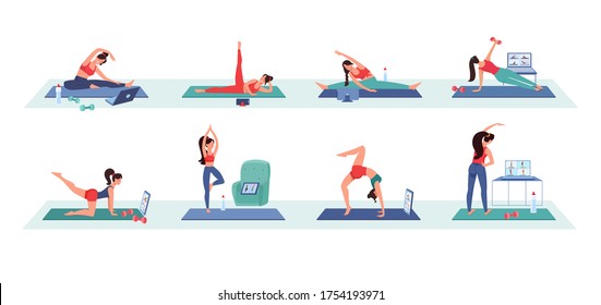 The girls goes in for sports at home via video conference. Workouts online, using gadgets mobile, laptop, tablet. The women does gymnastics, yoga, training with fitness coach. Isolated flat vector set