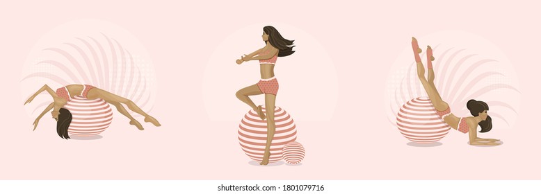 Girls goes in for sports on gymnastic balls. Aerobics on fit-ball.  Healthy lifestyle. Home or fitness room vector illustration.