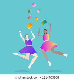 Girls graduated, jumping young woman college , university , creative concept, set speech in final day , girls power cartoon illustration .
