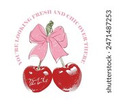 Girls graphics for fruit design, cherry bow with slogan typography, fruit of the sprit text print, slogan with cute cherry illustration. Vector graphic design for t-shirt