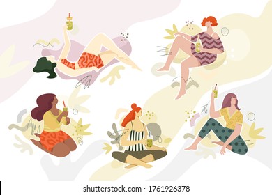 Girls with green smoothies. Vector illustration set of diverse females with jar or bottle or glass filled by green smoothies. Diversity, healthy lifestyle, detox program, diet concept.