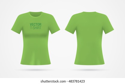 Girl's green vector T-shirt template, isolated on background. Women's realistic green T-shirt mockup. Front & rear sides.