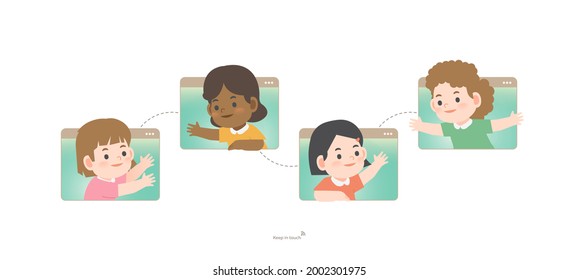 Girls greeting and chatting on social online network group to connect together with friends from distancing place on website screen. illustration vector. Kids concept