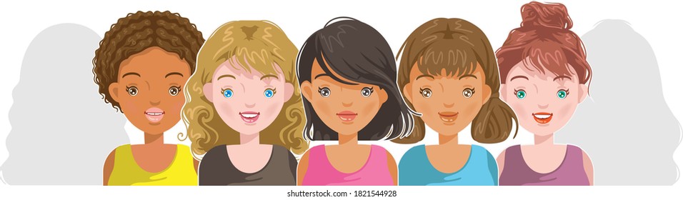 Grupo de chicas. La cara del grupo de chicas. Niña asiática, niñas europeas y grupo de niñas africanas. Retrato femenino. Cabeza, cara y peinado para la chica de la pubertad.