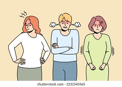 Girls, guy can not agree, come to decision that suits everyone. Man, women are angry to each other. Colleagues are annoyed. Failed negotiations. Vector thin line colored illustration.