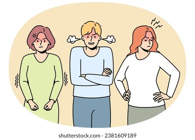 Girls, guy can not agree, come to decision that suits everyone. Man, women are angry to each other. Colleagues are annoyed. Failed negotiations. Vector thin line colored illustration.