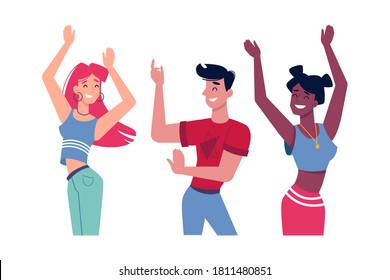 Girls and guy dancing at party or music club, vector people characters flat isolated. Happy women or teens and boy at nightclub, young man dancer with girls at celebration, friends party