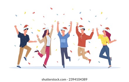 Girls and guys dancing at party dressed in Santa Claus hats. Christmas and new year celebration. Happy men and women together, confetti flying. Cartoon flat isolated vector concept