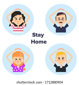 Girls and guys with dark and blond hair show a sign Home with hands