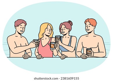 Girls, guys drink cocktails in pool in summer. Friends in swimsuits relaxing at resort. Tourists have fun with beverages in water. Students on vacation. Vector line art colorful isolated illustration.