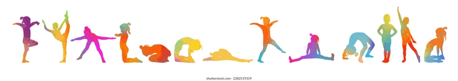 Girls gymnast colored silhouettes. School of children's gymnastics . Vector illustration