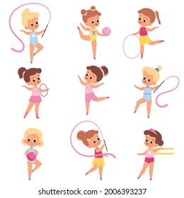 Girls gymnastics. Little athletes in different poses, kids make aerobics and sports, young artists with accessories, training ribbon, ball and hoops. Child competition. Vector cartoon set