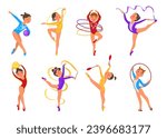 Girls gymnasts. Elegant athletes in different poses. Rhythmic gymnastics and acrobatics competition. Sport exercises. Flexibility and strength. Sportsman performance