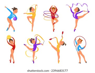 Girls gymnasts. Elegant athletes in different poses. Rhythmic gymnastics and acrobatics competition. Sport exercises. Flexibility and strength. Sportsman performance