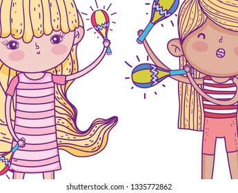 girls with hairstyle and play maracas instrument