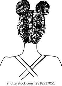 Girl's hairstyle, two pigtails gathered in a bundle. Back view.