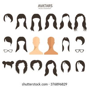 Girls hairstyles. Set of monochrome icons.