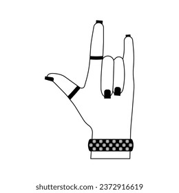 Girl's hand with curved fingers, bracelet, black manicure. Gothic aesthetic in y2k, 90s, 00s and 2000s style. Emo Goth tattoo sticker black white colors. Vector illustration