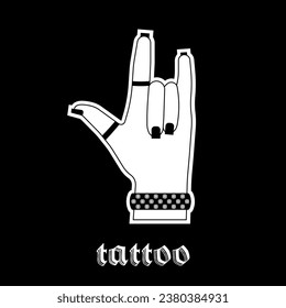 Girl's hand with curved fingers, bracelet, black manicure. Inscription Tattoo. Gothic aesthetic in y2k, 90s, 00s and 2000s style. Emo Goth tattoo sticker on black background. Vector illustration