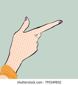 A girl's hand with forefinger. A woman pointing a finger. A woman explaining something. Giving advice.