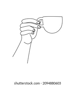 the girl's hand is holding a mug. Side view. Linear style illustration