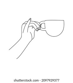 the girl's hand is holding a mug. Side view. Linear style illustration