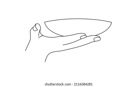 the girl's hand holds a plate or saucer. Side view. Linear style illustration