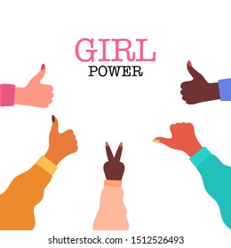 Girls hand with thumb up. Concept of girl power, strong girls, women. Vector Illustration.