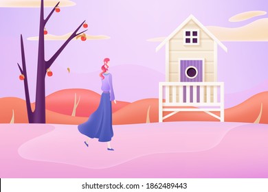 A girl's hand-painted illustration under the persimmon tree in front of the wooden house on the farm in autumn