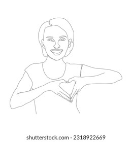The girl's hands are folded in the form of a heart. A template in the style of a continuous line. Layout for thematic design
