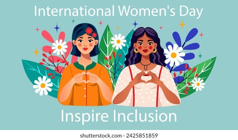 Girls with hands folded in the shape of a heart on a background of flowers. Conceptual poster for International Women's Day. IWD 2024 campaign with slogan Inspire Inclusion. Vector illustration.