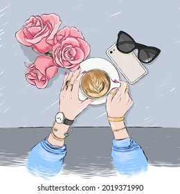 A girl's hands are holding a coffee cup. Pink roses, sunglasses and phone on the table. Weekend coffee at coffee shop. Vektor hand drawn illustration.