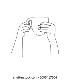 The girl's hands are holding a cup with a drink. Side view. Linear style illustration