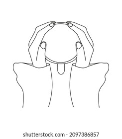 The girl's hands are holding a cup with a drink. View from above. Linear style illustration