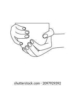 The girl's hands are holding a cup with a drink. Side view. Linear style illustration