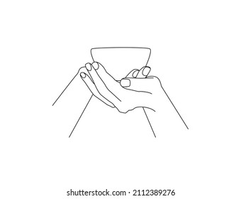 The girl's hands are holding a cup with a drink. Side view. Linear style illustration