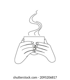 the girl's hands are holding a cup with a hot drink. Front view. Linear style illustration