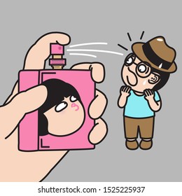 Girl's Hands Holding Fragrance Bottle With Her Own Face Print On It And Spraying Perfume Onto Her Stinky Lover Boy Concept Card Character illustration